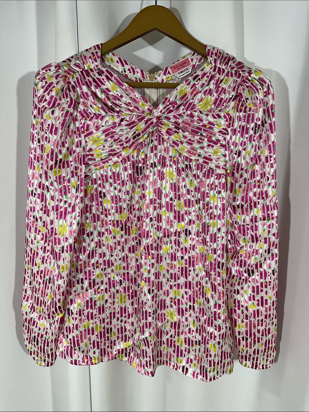 Kate Spade New York Twist Neck Blouse Sz XS Pink Printed Long Sleeve Career Top